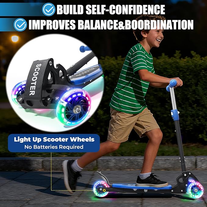 3 Wheel Scooter for Kids Ages 3-12, LED Light-Up Kids Kick Scooter–Portable Foldable, Adjustable Height, Durable Metal Construction, 6" Extra Wide Deck for Outdoor Activities,Child Safety Certified