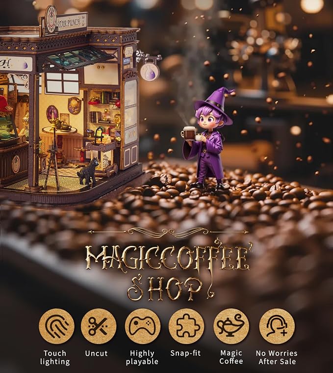 Spilay DlY Dollhouse Kit，Book Nook kit,Miniature House kit with Music Box,iniature House Kit,Magic Coffee'Shop，for Adults and Teens for Family and Friends.
