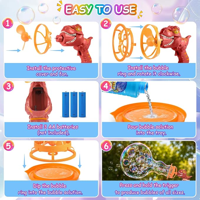Dinosaur Shaped Bubble Gun for Kids - Blows Over 1000 Bubbles per Minute & Creates Giant Bubbles, Birthday, Christmas & Easter Gift for Boys & Girls Ages 3-9 (Red)