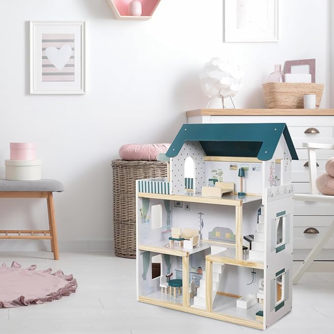 Lil' Jumbl Kids Wooden Dollhouse, 17-Piece Accessories & Furniture are Included, with Balcony & Stairs, 3 Story Easy to Assemble Doll House Toy - Green