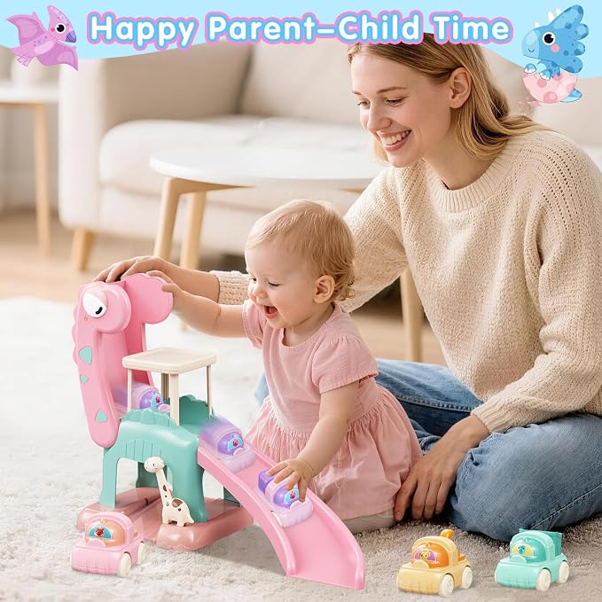 Dinosaur Car Ramp Slide Toy for Toddlers — 4 Push Cars with Race Track, Baby Slide Indoor Toy, Montessori Learning Birthday Gift for Boys Girls 1 2 3 Year Old (Pink)