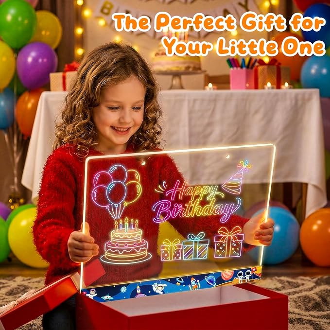 16" LumiBoard LED Drawing Board for Kids - 7 Colors & 10 Modes Rechargeable Acrylic LED Note Board with 7 Markers Cleaning Kit, Sketching & Birthday Gifts for Kids/Girls/Teens（Space）