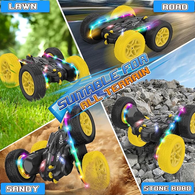 Jimdella Remote Control Car,RC Cars with Sides Light Strip and Headlights,Double Sided 360 Flips Rotating RC Stunt Car,2.4Ghz All Terrain Toys for Ages 4-8 Kids Toy for Boys Birthday Gift(Black)