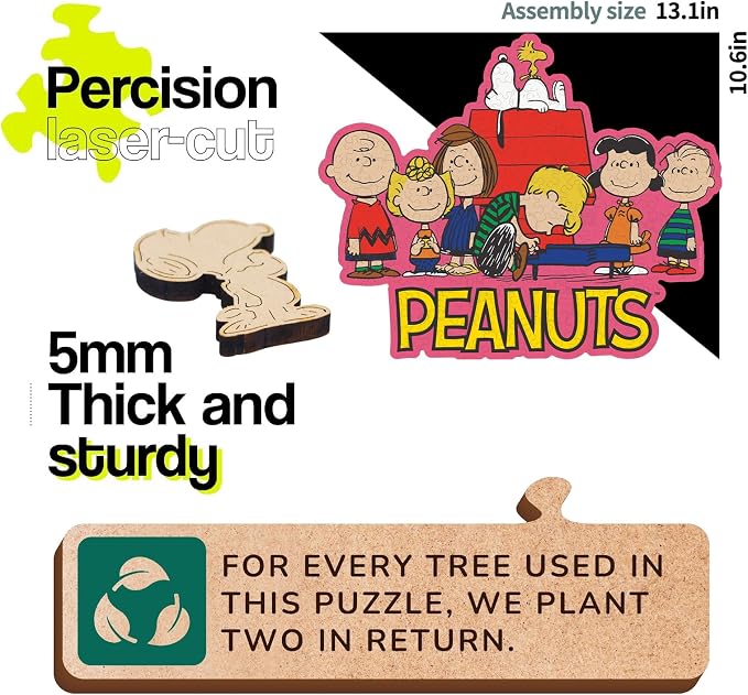 Peanuts Snoopy Puzzles for Adults – Charlie Brown Wooden Jigsaw Puzzles, 200 Pieces Unique Shaped Wooden Puzzle, Family Game, 5MM Thick, Officially Licensed Merchandise – Friends, 13.1" x 10.6"
