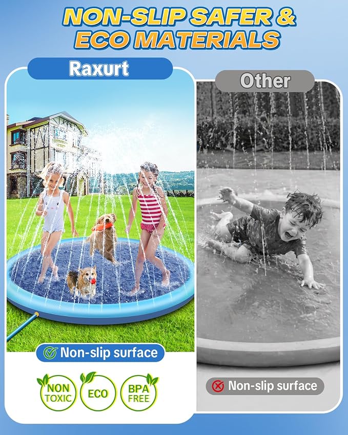 Raxurt Non-Slip Splash Pad for Kids and Dog, 67'' Splash Pad Thicken 0.58mm for Kids Ages 4-8 Toddler Baby Splash Sprinkler Pad Dog Pool Summer Outdoor Water Toys for Boys Girls