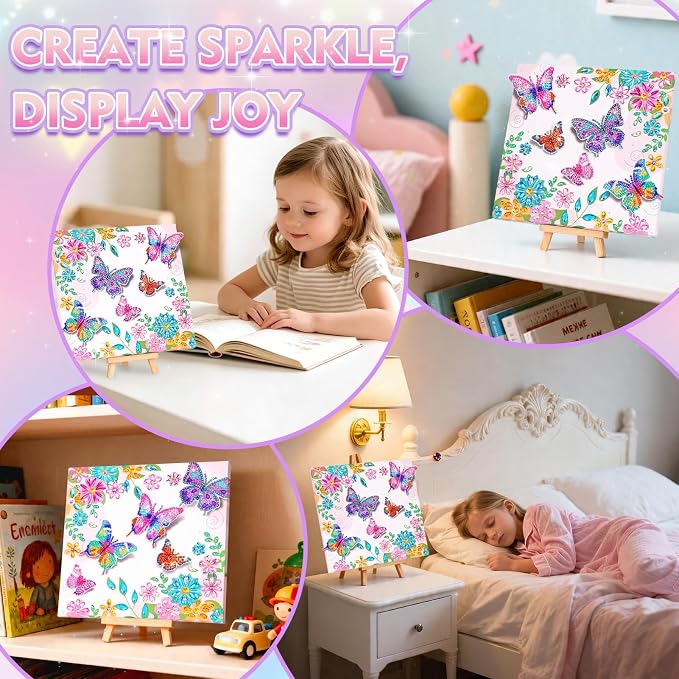 LCOZX 3D Fluttering Butterfly Diamond Art Kit for Kids Ages 8-12–Sparkling Gem Painting with Wooden Stand, Easy Arts & Crafts for Girls & Boys, Unique Birthday Gift & Bedroom Decor