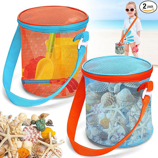 Vodolo Sea Shell Bags for Beach,2PCS Large Mesh Seashell Holder for Adults,Shelling Collecting Tools Travel Sand Toys Storage Bucket for Sandbox,Beach Vacation Essentials,Beach Must Haves Toy Bag