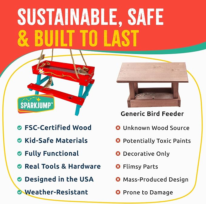 SparkJump Picnic Table Bird Feeder Kit, DIY Woodworking Project for Kids and Families, Complete Tools and Paint Set, FSC-Certified Sustainable Wood, Backyard Nature Activity, Ages 6+
