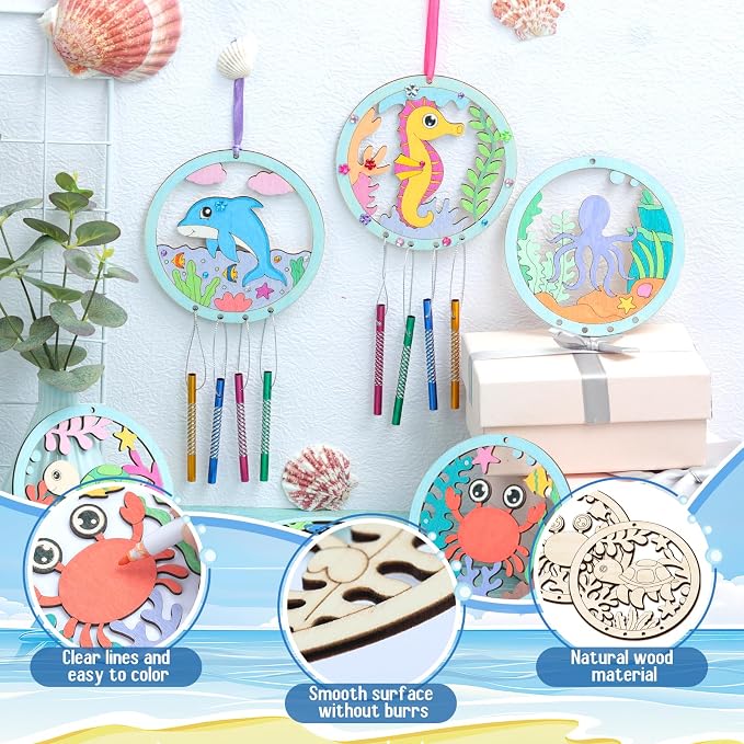 12Pack Wind Chime Kit for Kids Make Your Own Ocean Animals Wind Chime DIY Coloring Wood Crafts Summer Wooden Arts and Crafts Under Sea Ornaments for Boys Girls School Activities Party Decoration