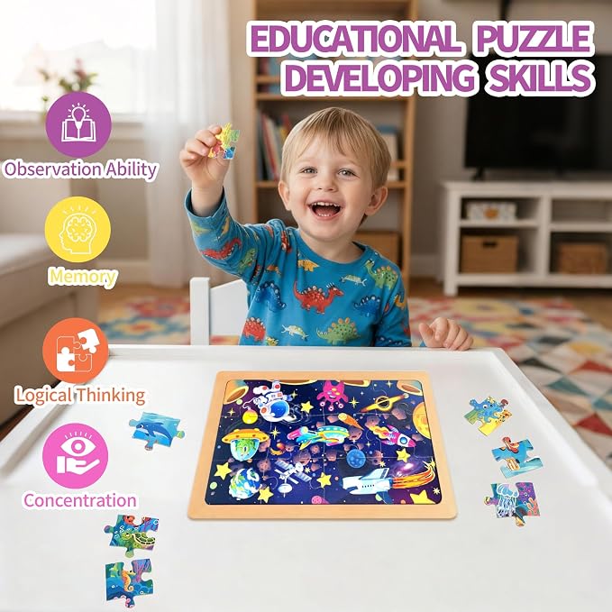 Wooden Puzzles for Toddler Ages 3+, 12 Piece Vehicle Farm Space Ocean Jigsaw Puzzles for Kids 4 Packs, Preschool Toddlers Learning Activity Puzzles Toys for Boys Girls 3 4 5 6 Years Old