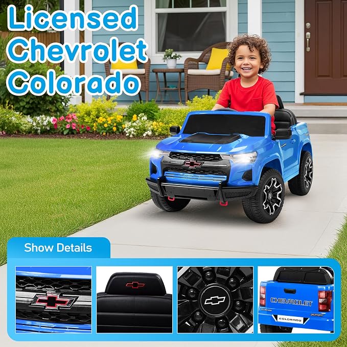 Winado Licensed Chevrolet Colorado Electric Car for Kids, 12V Ride on Toys for Toddlers with Remote Control, Battery Powered Electric Car Ride On Vehicle w/Bluetooth, Soft Start, LED Lights - Blue