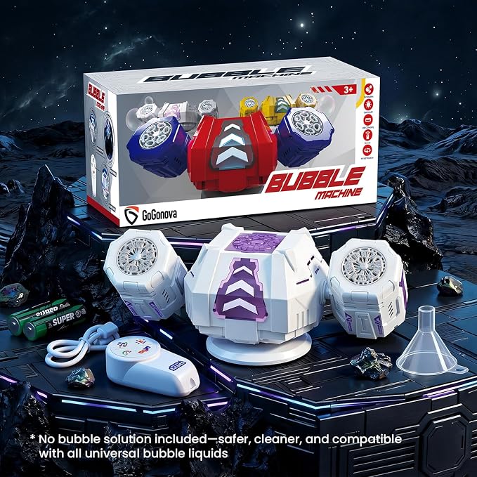 GoGonova Bubble Machine, 30000+ Bubbles/Min Rechargeable Kids Bubble Machine, Big Bubble Blower Maker, 360° Auto Rotation & 2 Speeds, 7-Color LED Lights, Mecha Overlord