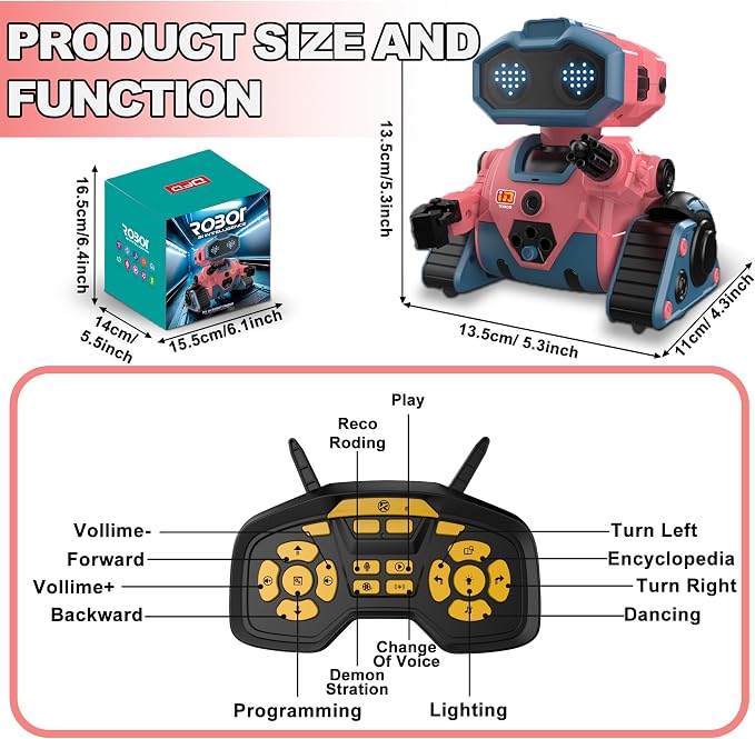 BYTEWAR Interactive Smart Robot Toys, Rechargeable Remote Control Emo Robot with Learning Gesture Sensing, Auto-Demonstration, Music and Dance, Shining LED Eyes, Robot Toy for Kids 3-5(Pink)