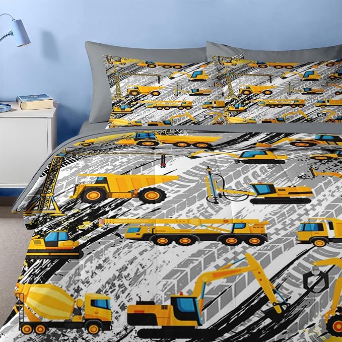 Nesker 7 Pcs Comforter Set Queen Size, Cartoon Yellow Vehicle Bedding for Kids Teen, Trucks Construction with Fitted Sheet 2 Pillowcases & 2 Shams for Bedroom Bed Decor