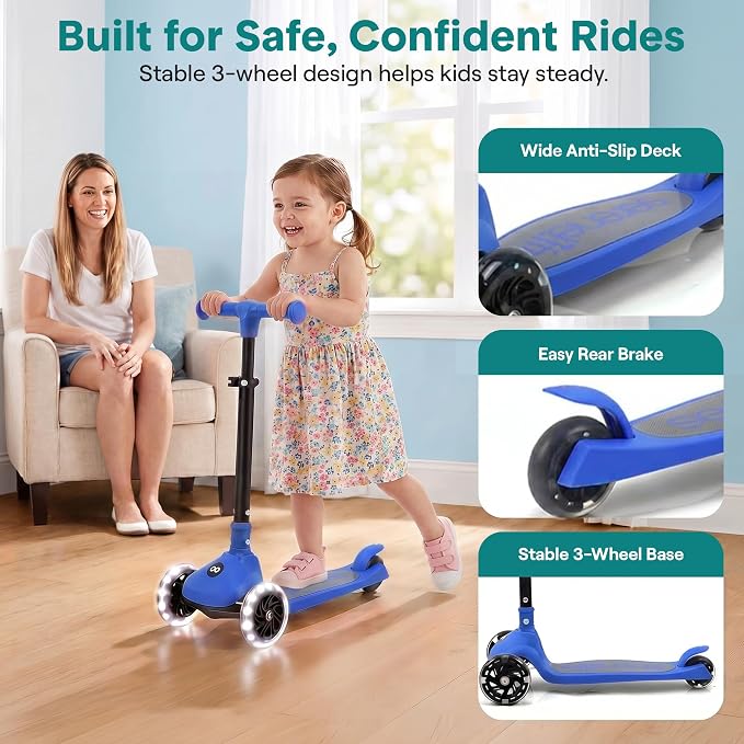 SereneLife Toddler Scooter, Adjustable Micro Scooter for Ages 2-5, Lightweight Kids 3 Wheel Design with LED Light-Up Wheels, Anti-Slip Deck & Lean-to-Steer Control, Indoor/Outdoor Use (Blue)