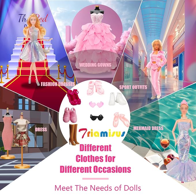 17 PCS Doll Clothing and Accessories for 11.5 inch Girl Dolls Including 6 Set Handmade Clothes -Wedding Evening Gowns Fashion Form-Fitting Mermaid Dresses Casual Sport Outfit with 6 Shoes&Bag&Glasses