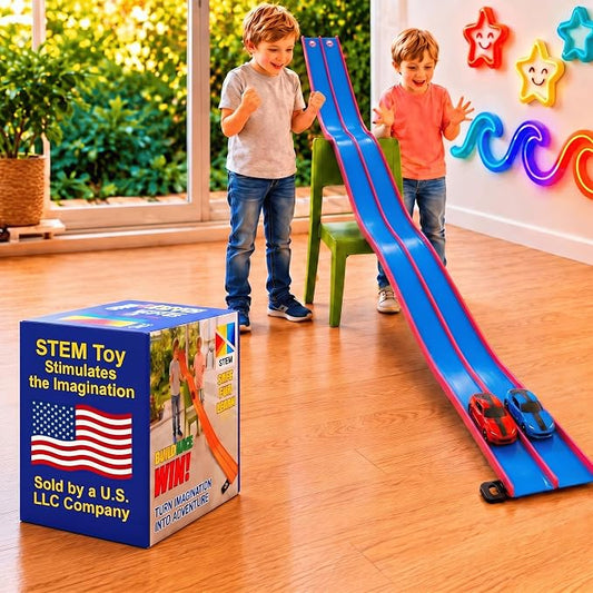Flexible Race Track for Kids – Friendly Racing Competition, Double-Sided 1 & 2 Lane Track, Red - Blue Track, Roll-Up Design with Anchors, Build, Race & Win Fun, (No Cars Included)