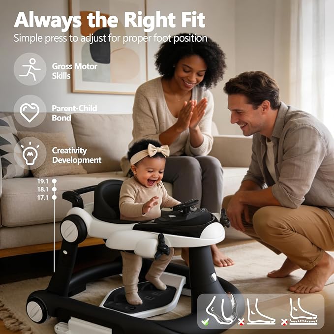 Kinder King 8-in-1 Baby Walker with Music & Lights, 3 Level Adjustable Height, Foldable Toddler Walker with Speed Adjustable Wheels, Easy to Clean, Baby Walkers for Boys & Girls 6-18 Months
