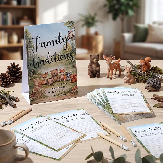 Fumete 61 Pieces Family Tradition Baby Shower Games Include 1 Family Traditions Standing Sign and 50 Activities Cards with 10 Pencils for Gender Reveal Bridal Shower Wedding(Green,Woodland)