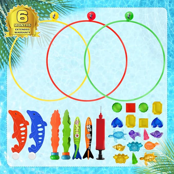 Jasonwell Pool Toys Diving Rings - 28PCS Swim Thru Rings Pool Game Diving Toys with Dive Ring Underwater Treasures Torpedo Bandits Fish Toy Fun Water Swimming Toys for Boys Girls Kids (Muticolor)