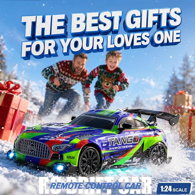 Drift RC Car for Electric Toy Car Hobby Racing Car Toys with Controller,1:24 4WD High Speed RC Drift Cars with LED Lights,Extra Drifting Tires＆Two Batteries,Racing Sport Toy,Vehicle for Adults＆Kids