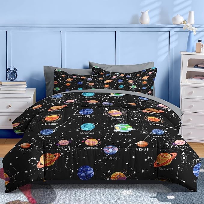 Nesker 7 Pcs Comforter Set Full Size, Cute Space Galaxy Bedding for Kids Teen, Planets Moon Stars with Fitted Sheet 2 Pillowcases & 2 Shams for Bedroom Bed Decor