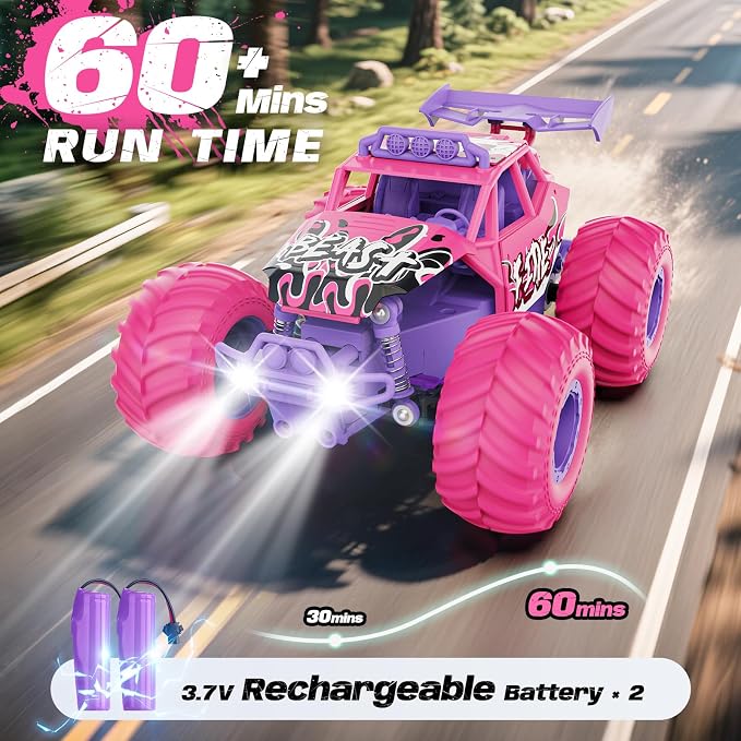 Remote Control Car, All Terrain RC Cars with Speed Switch RC Truck with LED Headlight and Rechargeable Batteries, 20KM/H Monster Truck Toys Gift for Girls Age 6-8 8-12, Pink