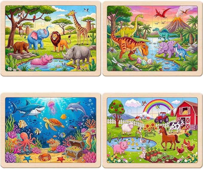 Puzzles for Kids Ages 4-6, 4 Packs 24 Pcs Animals Wooden Jigsaw Puzzles for Kids Ages 3-5, Preschool Educational Toys Gifts for Boys and Girls