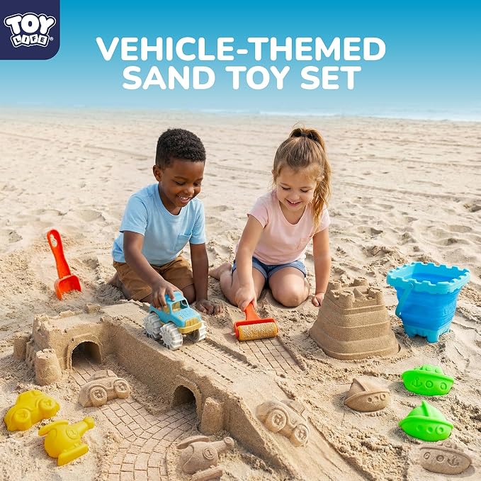 TOY Life Transportation Beach Toys for Kids Ages 3-8, Sand Toys Set with Road Roller, Truck, Vehicle Sand Molds, Collapsible Silicone Bucket, Sand Castle Building Kit for Sandbox Toys Play, Travel