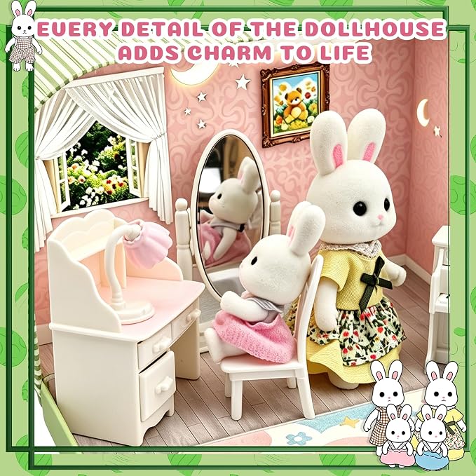 Dollhouse Bedroom Furniture Accessories Suitcase Set for Kids, Miniature Bed Wardrobe Dressing Mirror Piano Chair Table & 4 Flexible Dolls, Pretend Play Toy for Girls Ages 3+ (Girls' Bedroom)