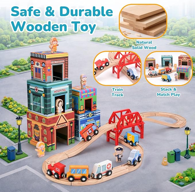 Wooden Train Set for Kids 3-7, Wood Train Tracks Complete Town Railway Playset with Matching Figures, Vehicles, Stacking and Nesting Blocks, Sorting & Stacking Toys Gifts for Boys Girls