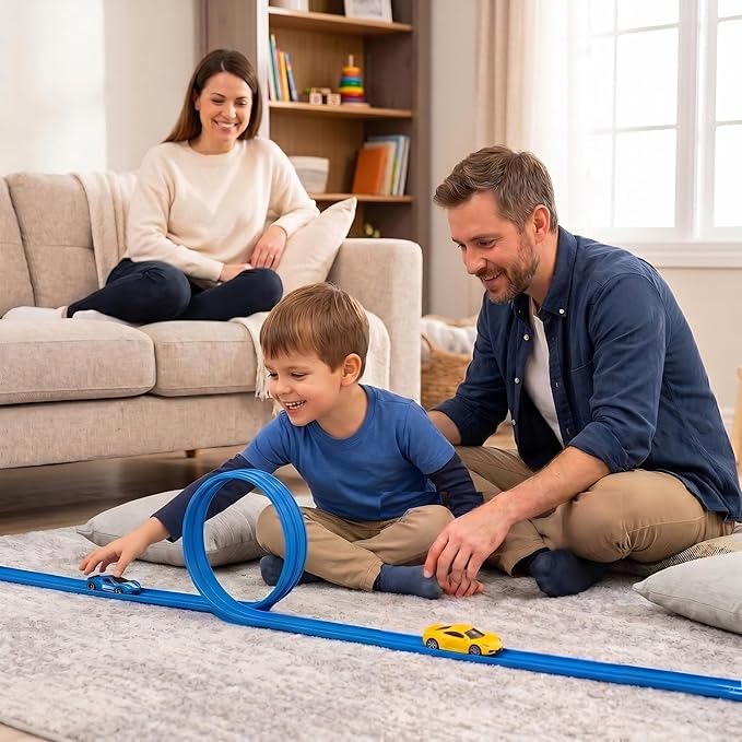 Flexible Race Track for Kids – 4.5M Bendable Dual Lane System, Portable Car Track with Suction Base, Foldable Roll-Up Design for Interactive Play Ages 4–9 (No Cars Included)