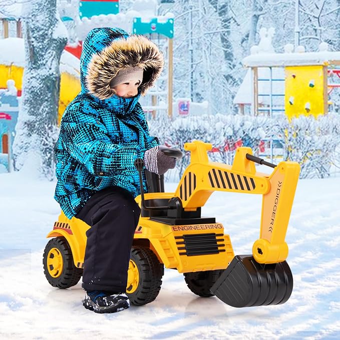 Costzon Ride On Excavator, Kids Construction Digger Truck, Ride on Push Car for Toddlers w/Working Shovel, Engine Sound, Under-seat Storage, Anti-Rollover Device, Sliding Car Vehicle Toy(Excavator)