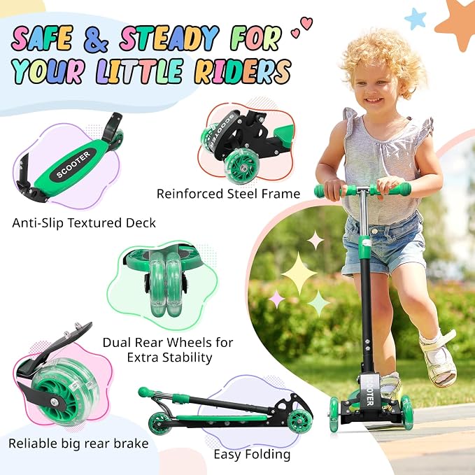 3 Wheel Kids Kick Scooter for Ages 3-12, Lean-to-Steer, Light-Up Wheels, 3-Level Adjustable Handlebar 27.5”-33”, Wide Non-Slip Deck, Dual Rear Brake,Travel Foldable, for Boys & Girls Toy Gifts