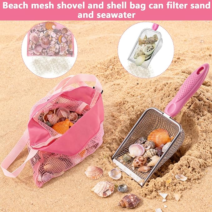 fethwoin 2Pcs Shark Tooth Sifter with 2Pcs Mesh Shell Bags, Beach Sand Sifter, Sea Shell Scooper for Beach, Sand Beach Toys for Kids, Medium, Pink