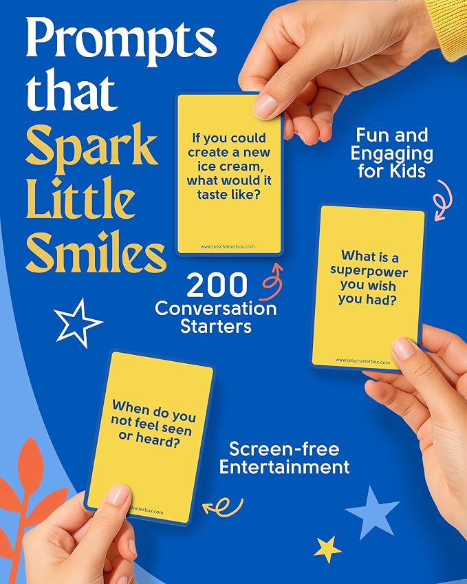 Chatterbox Conversation Cards for Kids, 200 Questions Designed for Kids and Children to Share, Connect and Enjoy Family Game Night, Family Reunion, Dinner Table, School Group Events & Road Trips