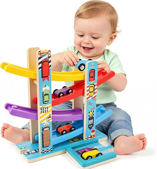 Heirio Montessori Toys for 1 2 3 Year Old Boy Girl - No Assembly Wooden Car Ramp Toy with 4 Race Cars & Parking Lot Garage, Perfect 18 Month 2nd 3rd Birthday Gifts for Toddlers Kids