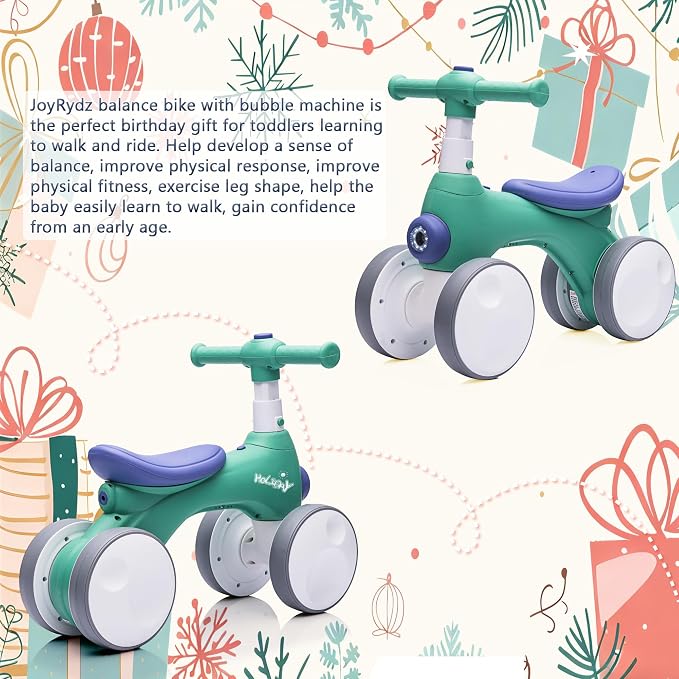 JoyRydz Baby Balance Bike 1 Year Old with Music, Lights, Bubble Machine, 4 Wheels Pedal-Less Toddler Ride on Toys for 12-36 Months Birthday Gift, Toddler boy Toys Ride on car （Dark Green&Blue）