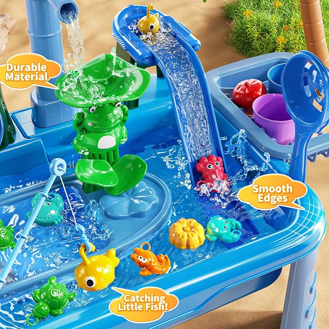 Water Table Play Sink Toy for Kids 2 3 4 5 6 Years Old - Outdoor Kitchen with Running Water, Fishing Games, Toddler Water Play Table for Kids Ages 3-8, Beach Outdoor Toys, Birthday Gifts 2+ 3-5 (Blue)