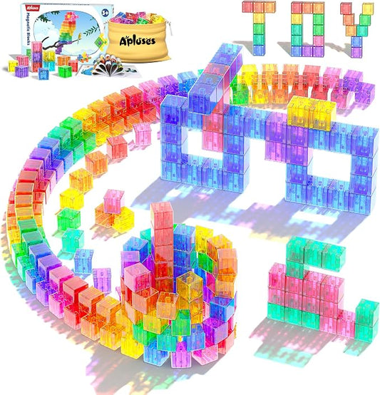 Apluses 45PCS Magnetic Blocks - Transparent Magnet Cubes, Toddler Building Blocks, Sensory Autism Gifts for Kids Ages 3+, Preschool Travel Toys for 3-5 Year Old Boys and Girls