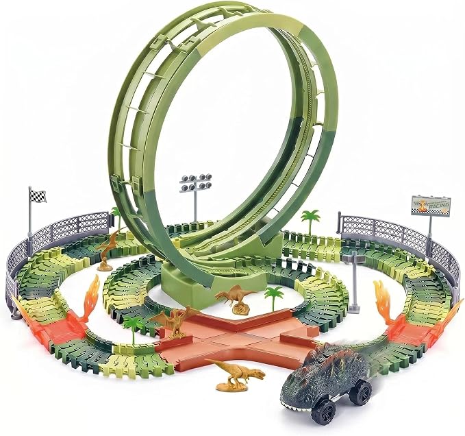 Dinosaur Race Track Toys for Boys 3-5, Flexible Car Track Set with Giant Loop, Dinosaur Adventure Race Cars Playset for Boys Age 4-7 Birthday Gifts