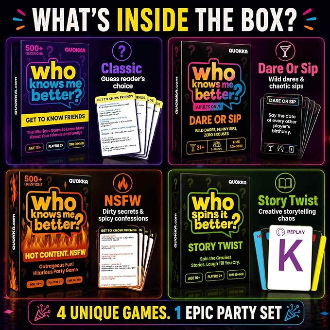 QUOKKA Party Games Set – Who Knows Me Better Collection with 4 Game in 1 Box – 2000+ Questions – Card Games for Adults and Teens – Board Game for Family Night, Friends & Couples Ages 15+