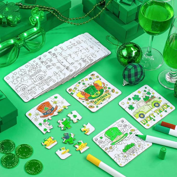 Realspring 24 Pack St Patricks Day Crafts for Kid Irish Coloring Jigsaw Puzzles St. Patrick's Day Activities Classroom Gifts Color Your Own Shamrock Irish Elf Hat Craft Puzzle for Party Favors