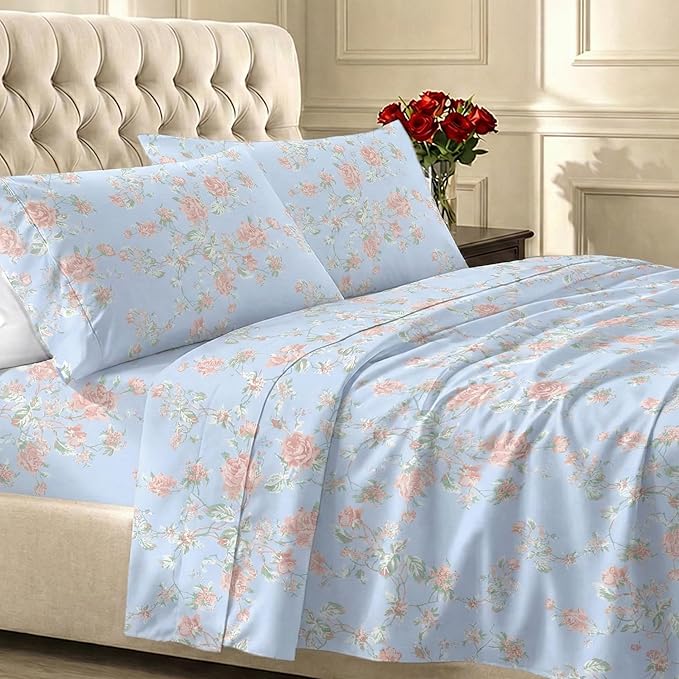 California Design Den Soft Cotton Bed Sheets King Size Set, 400 TC Good Housekeeping Award Winner, Smooth Sateen Finish with Deep Pockets, Cozy and Durable King Bedding Set - Floral Blue/Pink