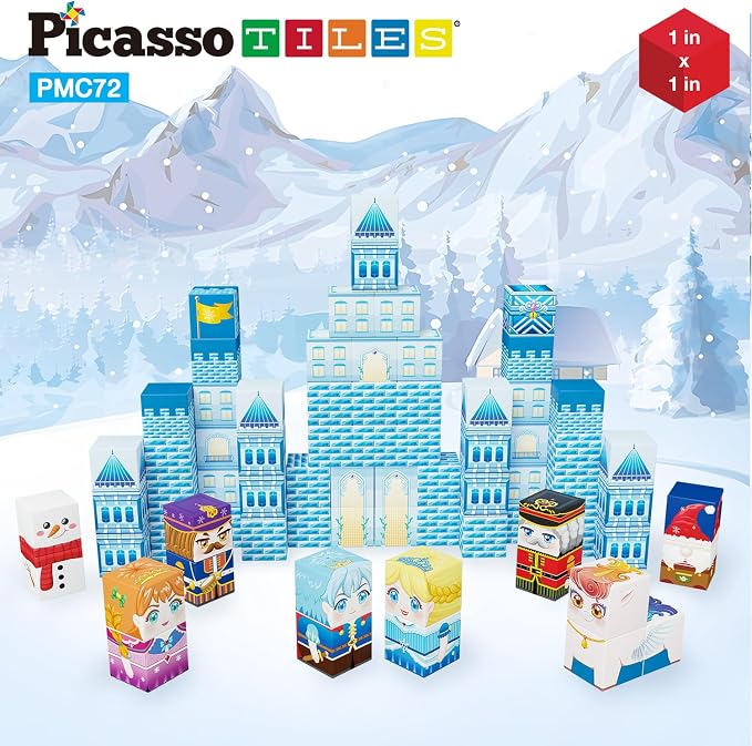 PicassoTiles Magnet Cube Winter Ice Themed Mix and Match Building Block Castle Construction Toy with 7 Magnetic Cubed Character Action Figures STEM Learning Education Sensory Pretend Play Age 3+ PMC72