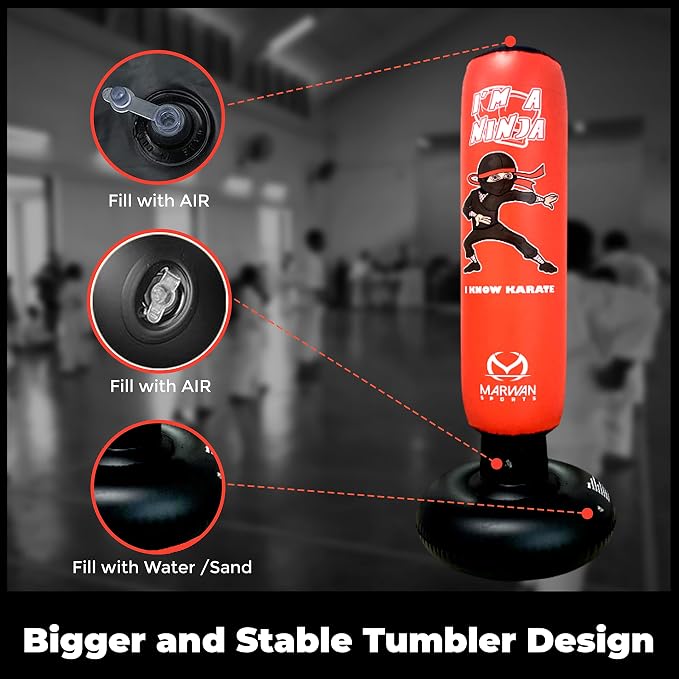 Marwan Sports Ninja Kids Punching Bag — Inflatable Sensory Toy & Birthday Gift for Boys & Girls Ages 4-12, 63" Freestanding 5-in-1 Kit, Indoor Apartment-Quiet Sensory-Friendly Active Play
