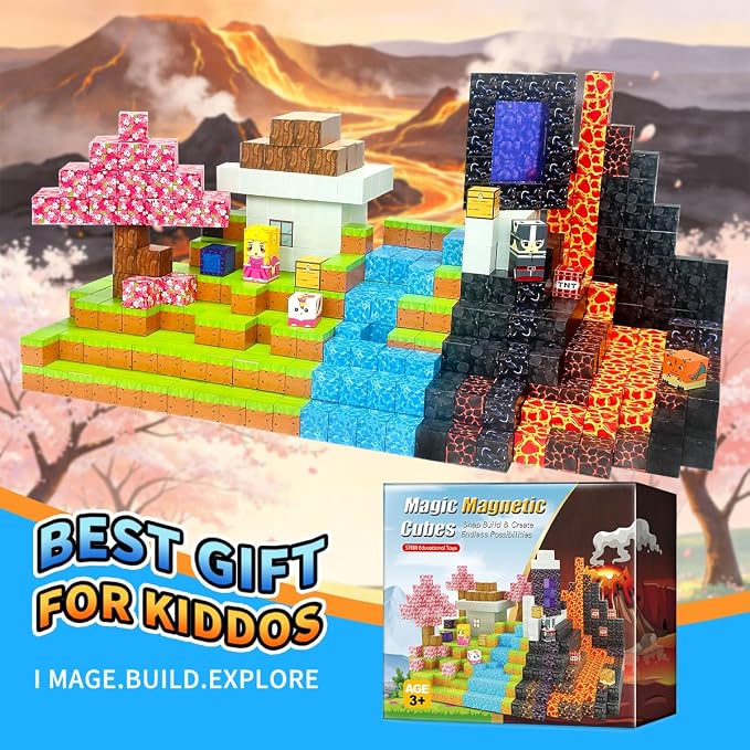 Magnetic Building Blocks 100PCS, Lava Volcano Themed Magnetic Cubes Set for Kids Ages 3+, STEM 3D Magnet Tiles Educational Construction Toys Sensory Montessori Stacking Blocks Gifts for Girls Boys