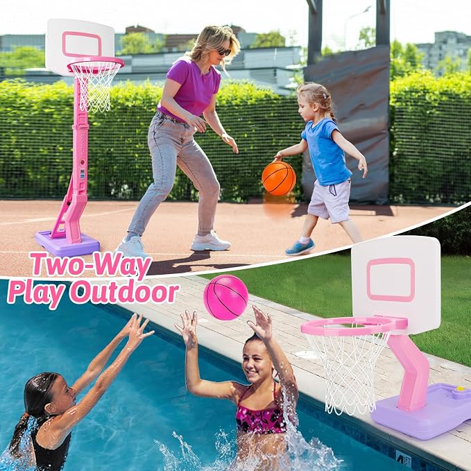 Basytodio Toddler Pink Basketball Hoop Indoor for Age 1-3, Adjustable Kids Basketball Hoop Goal, Mini Pool Outdoor Basketball Hoop with 3 Balls, Toddler Toys Age 1 2 3 4 Year Old Girls Birthday