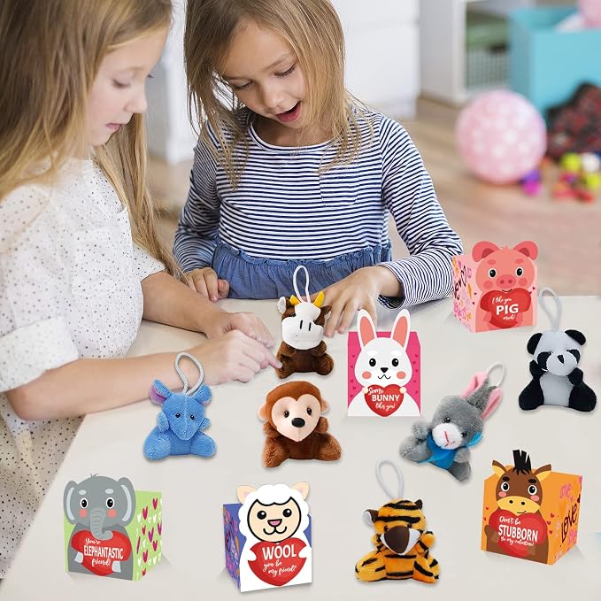 ATFUNSHOP Easter Basket Stuffers 30 Pack Animal Plush Toys with Gift Boxes | Valentines Day Gifts for Kids, Gift Card & Toys Fillers in Bulk Exchange for Girls Boys Class Classroom School