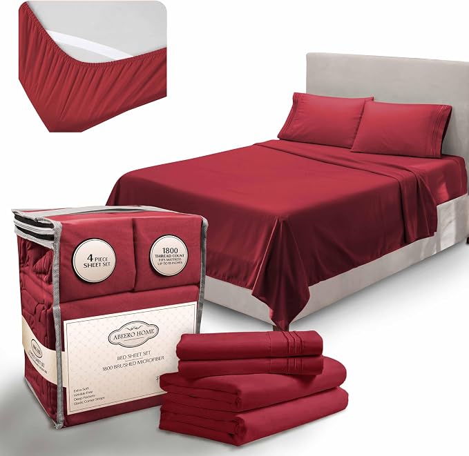 Abeero Home Queen Sheet Set - Luxury Hotel Bed Sheets - Soft Cooling Sheets with Elastic Corner Straps - Deep Pockets Microfiber Bedsheet - Bedding Sheet & Pillowcases - 4 PC (Queen Size, Burgundy)